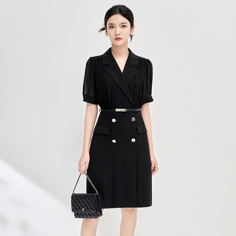 Business Women's Dress Dark Blue Summer Short Sleeve Commute Double Breasted Suit Dress Elegant Lady Style Professional Gown