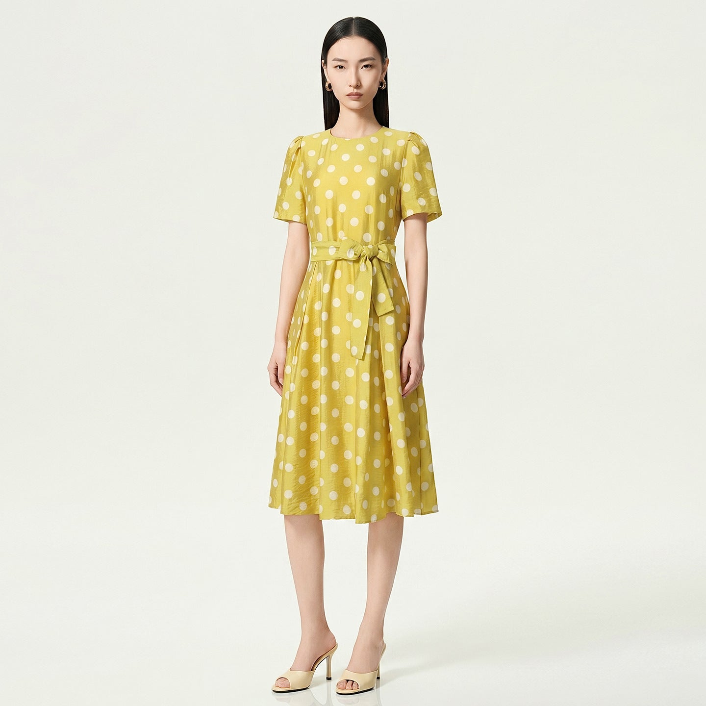 French Elegant Temperament Dot Party Dresses Crew Neck Short Sleeve High Waist Lace-up Slim A-line midi Dress Women Summer Dress
