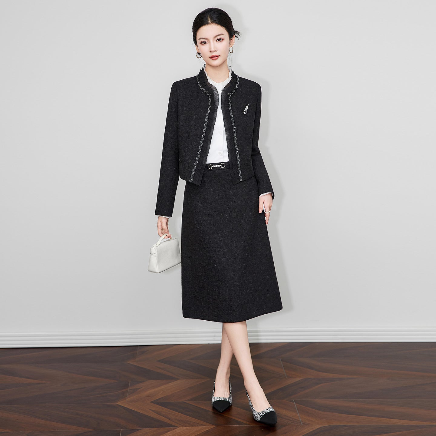 Long Sleeve round Neck Diamond Design Woolen Dress Two-Piece Set Fashionable Mini Skirt Length Women's Wear