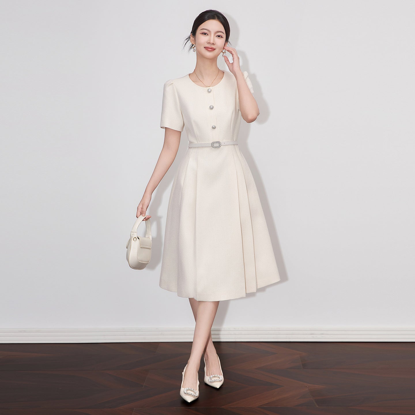 Fashion Young girls'dress Short Sleeve Button Solid High waist Romantic Daily Basic Commuter Style Summer Dresses