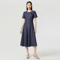 French Elegant Fashion Retro 3D Flower Crew Neck Short Sleeve High Waist A-line Temperament Denim Long Dress Women Summer