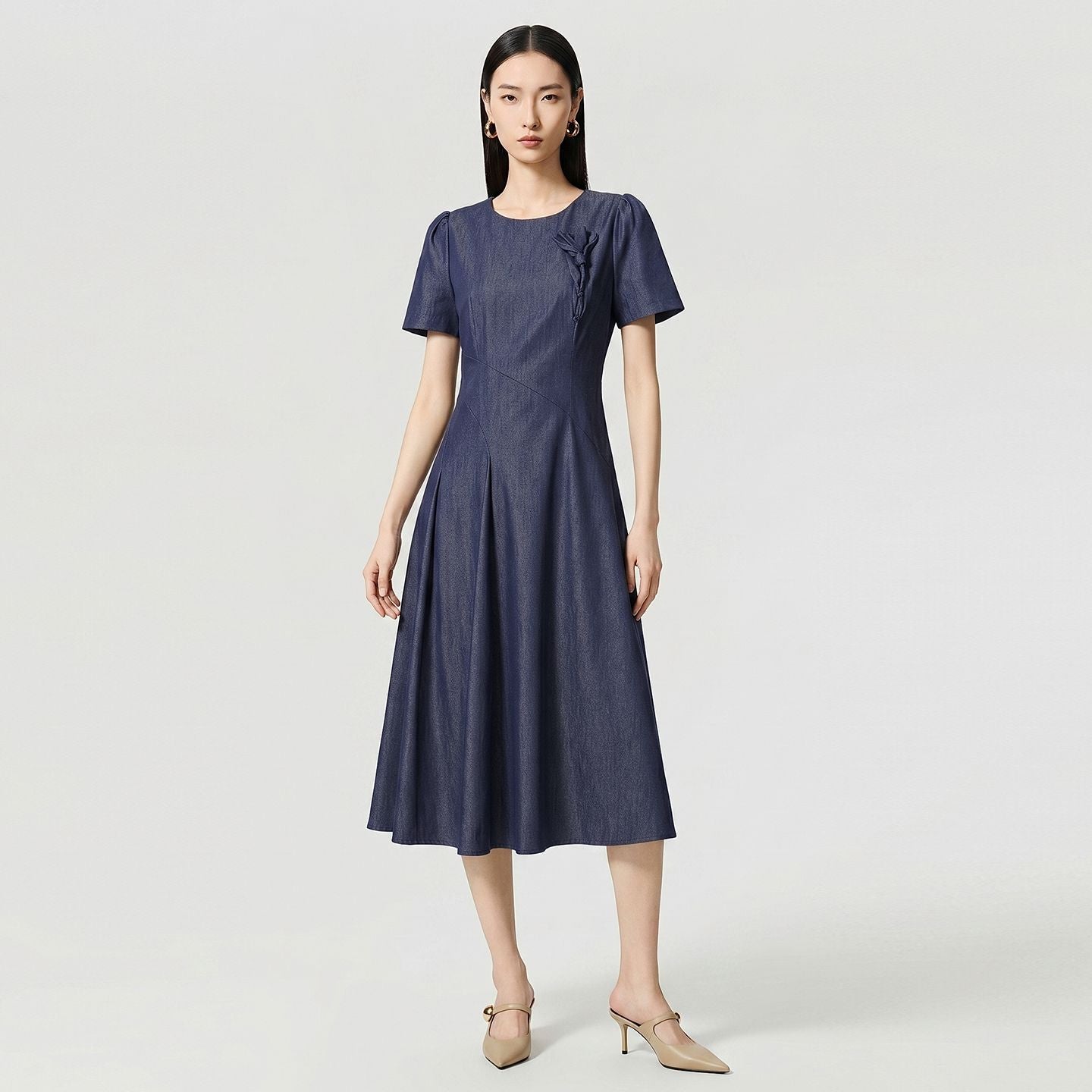 French Elegant Fashion Retro 3D Flower Crew Neck Short Sleeve High Waist A-line Temperament Denim Long Dress Women Summer
