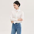 Women White Blouse Ruffled Stand Collar Long Sleeve Button-down Cotton Shirt Loose Elegant Office Blouses Tops