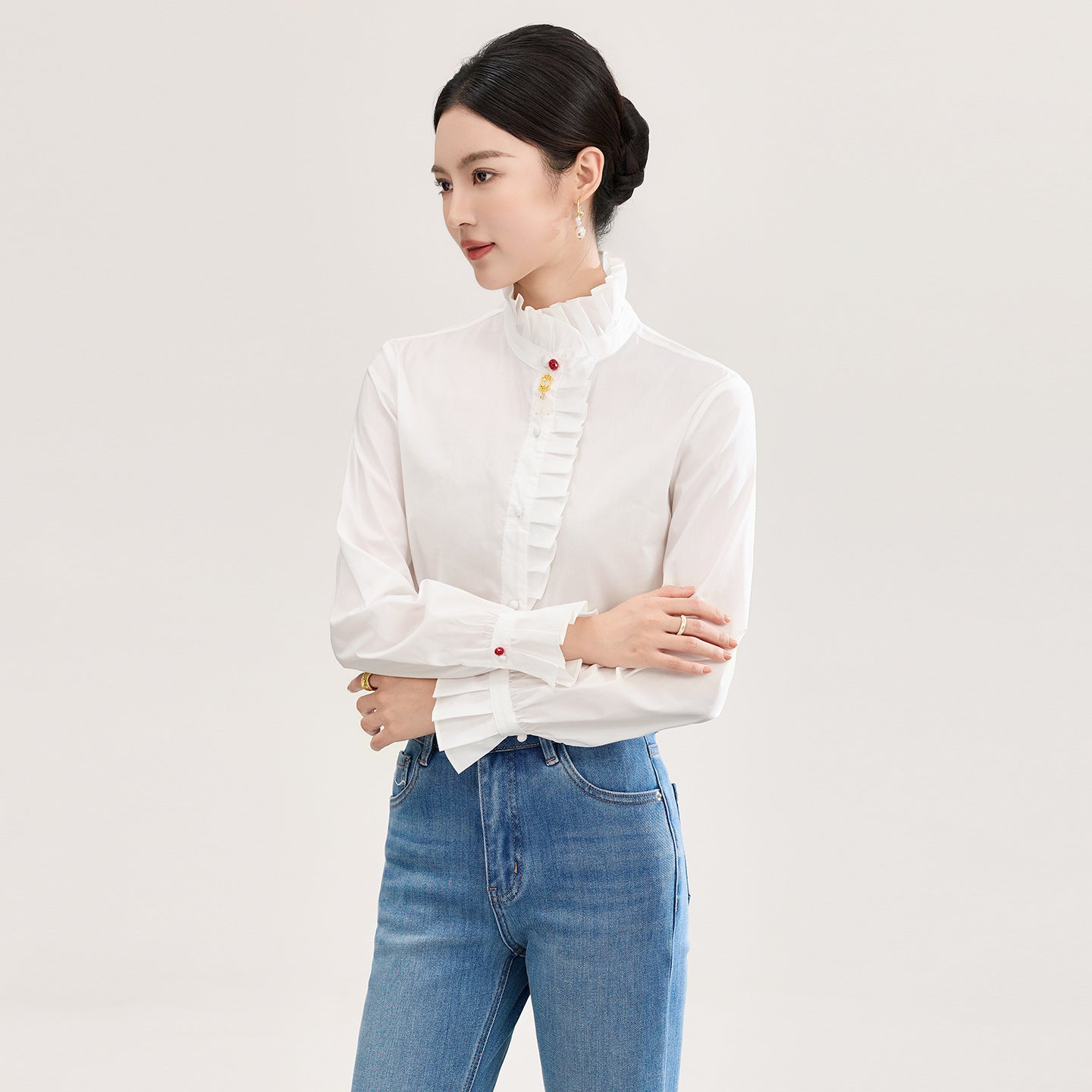 Women White Blouse Ruffled Stand Collar Long Sleeve Button-down Cotton Shirt Loose Elegant Office Blouses Tops