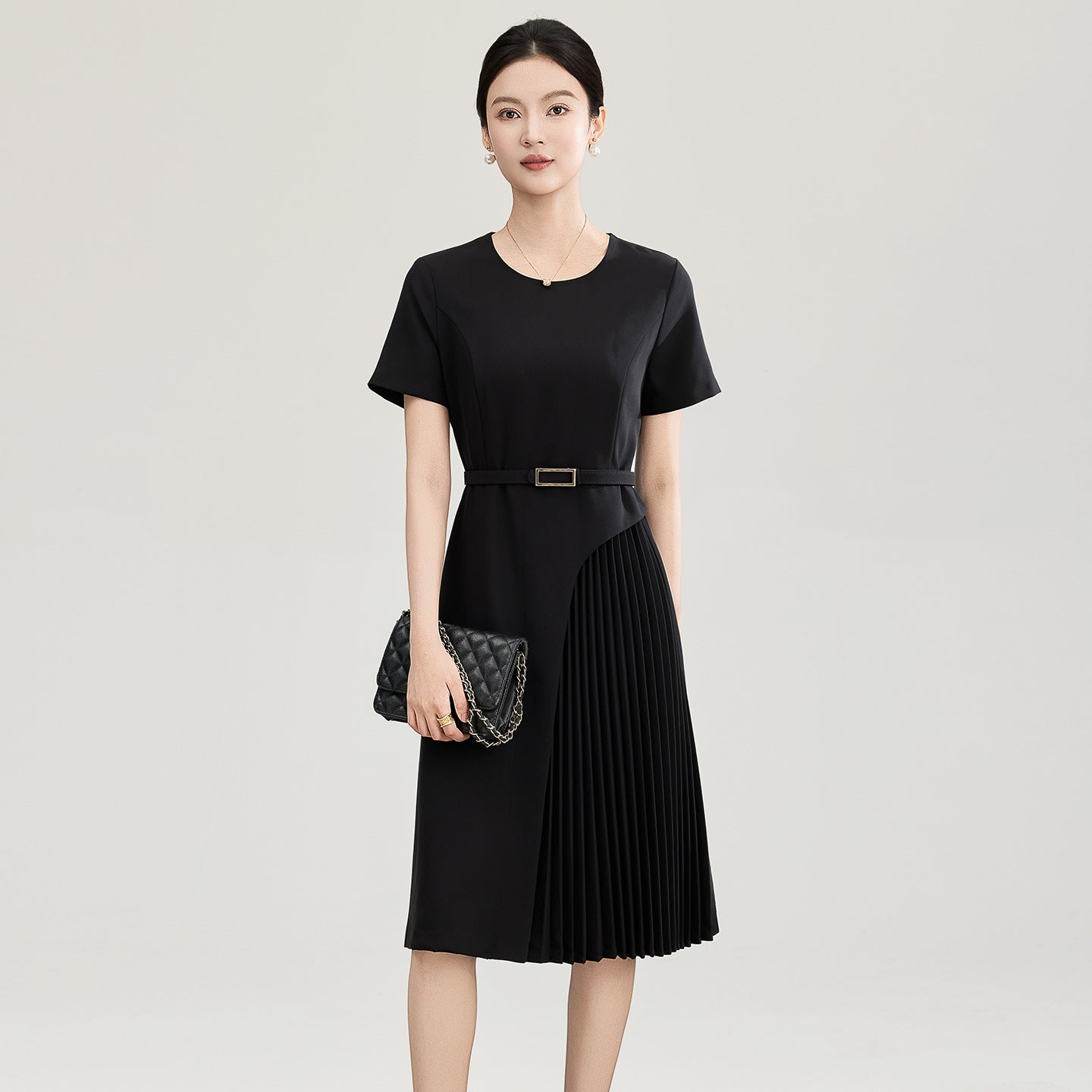 Elegant Slimming Waist Dress Commuter Drapey Style Women's High Waist Midi Skirt French Style Pure Color Summer Dress