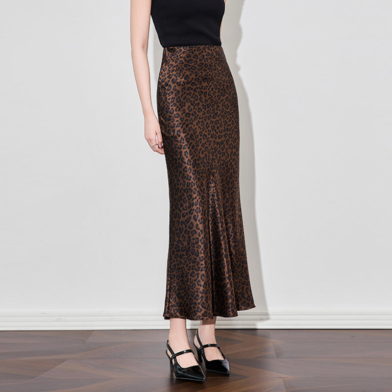 Skirts Women Summer Sexy Leopard Print High Waist Elastic Silky Skirt Ankle Length Forking Women's Clothing