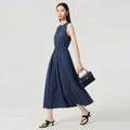 Women O-Neck Pleated Mid-Length Dress Backless Casual Solid Color Female Sleeveless A-Line Robe with Sashes