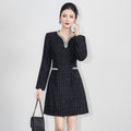 French Elegant Commuter Beaded Sequin V-neck Long Sleeve High Waist Slim A-line Temperament Tweed Short Dress for Women Autumn