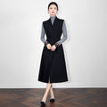 Elegant French V-neck Wrap Waist Tweed Dress Women's Autumn Winter Vest Dress Midi A- line Skirt