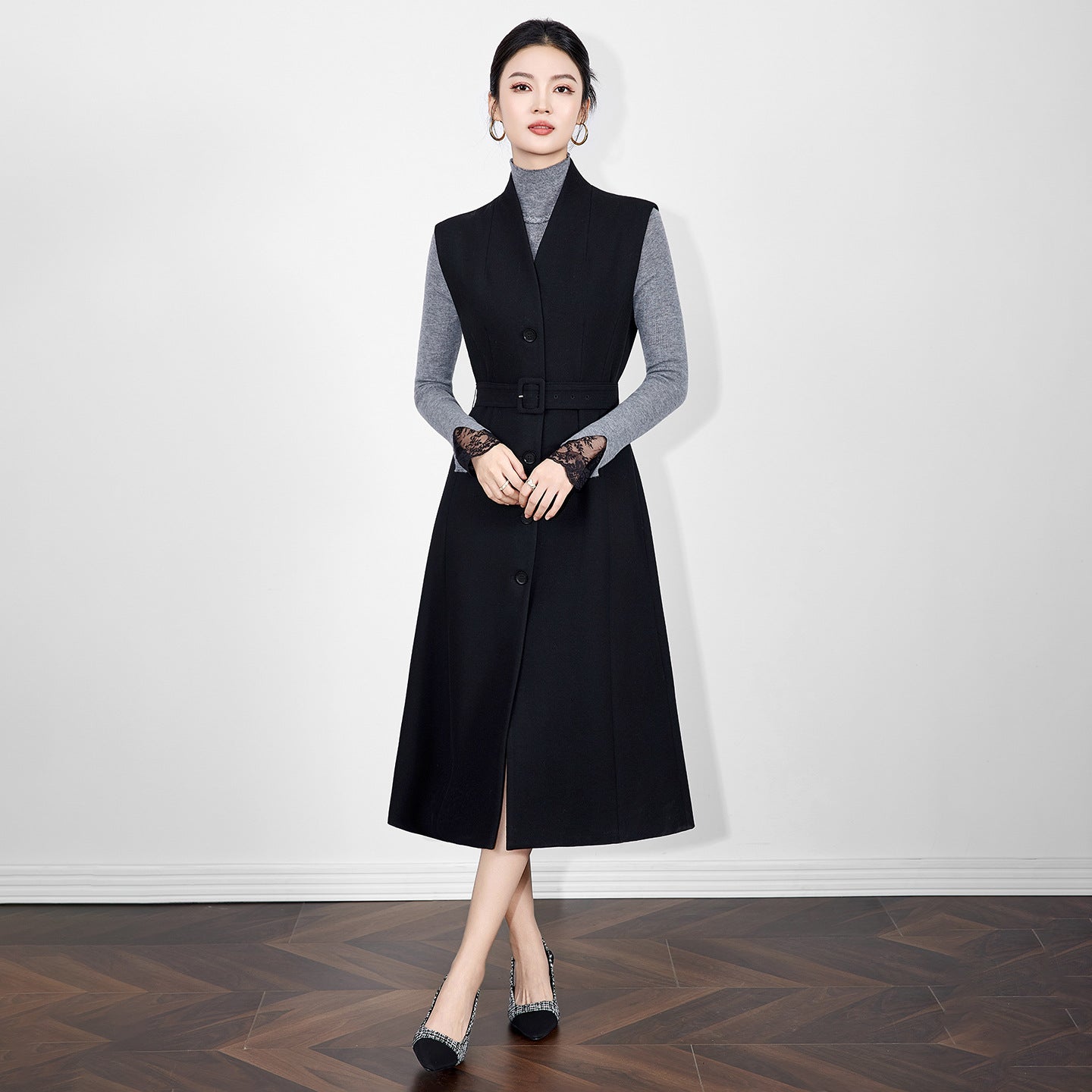 Elegant French V-neck Wrap Waist Tweed Dress Women's Autumn Winter Vest Dress Midi A- line Skirt