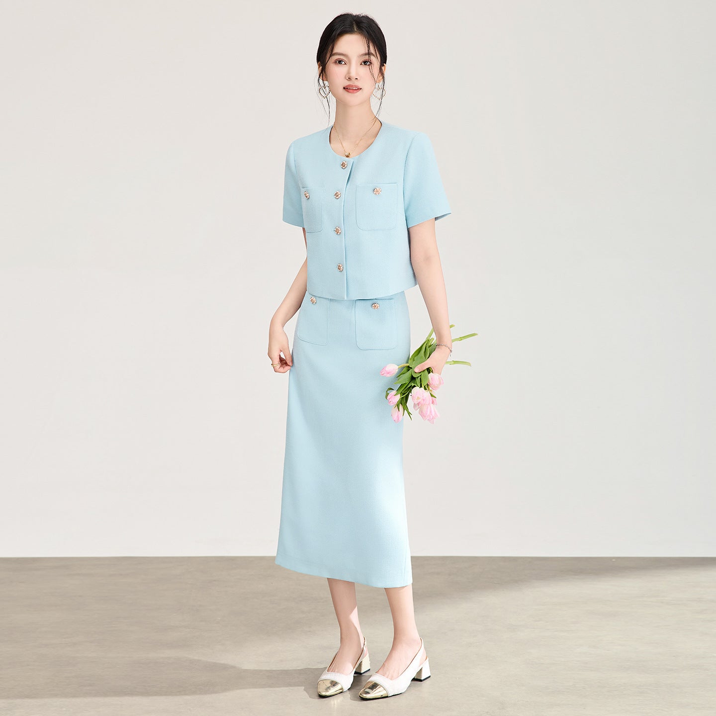 Summer Women's Dress Set 2 Piece Elegant Short Sleeve Top and Midi Skirt Suit Casual Pink Blue Office Outfit Female Clothes