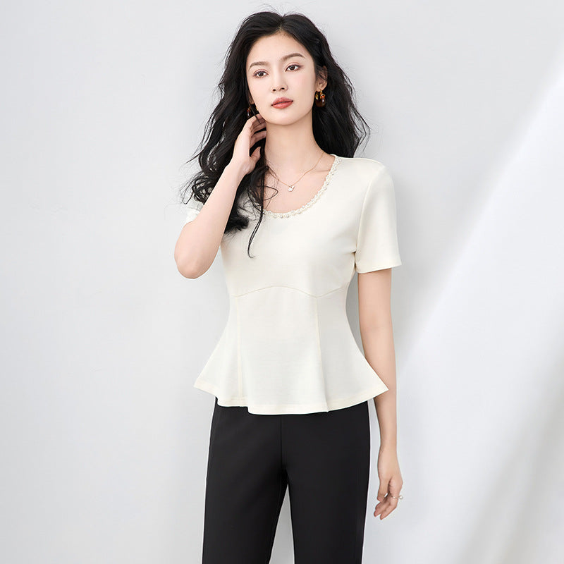 V-Neck T-Shirt Women's Sleeveless Slim Fit Pure Color Spring Summer Fashion Base Shirt Uneven Waist Inward Elegant Style