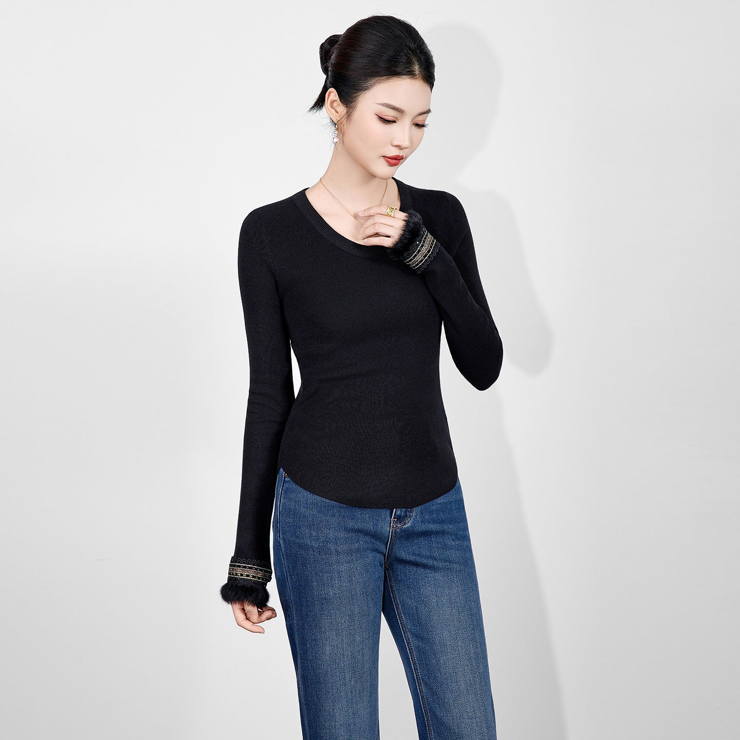 New Long Sleeve Knitted Sweater Women Pullovers Black O-Neck Knit Sweater Pullover Women Tops