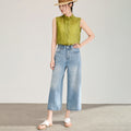 Light Blue Washed Rhinestone Wide Leg Jeans, High Waist Loose Flared Denim Pants Streetwear Trousers for Women