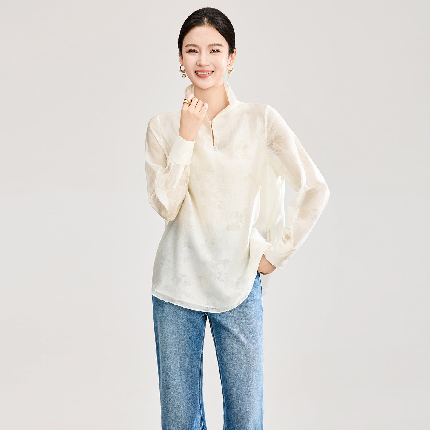 Women's Jacket Spring New Elegant Jacquard Tie Front Coat O-Neck Loose Asymmetric Placket Long Sleeve Tops