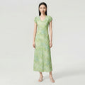 Unique Beautiful Floral Print Maxi Dress Women's Summer Beach Vacation Short Sleeve Fly Sleeve Green Dress Elegant Female Garmen