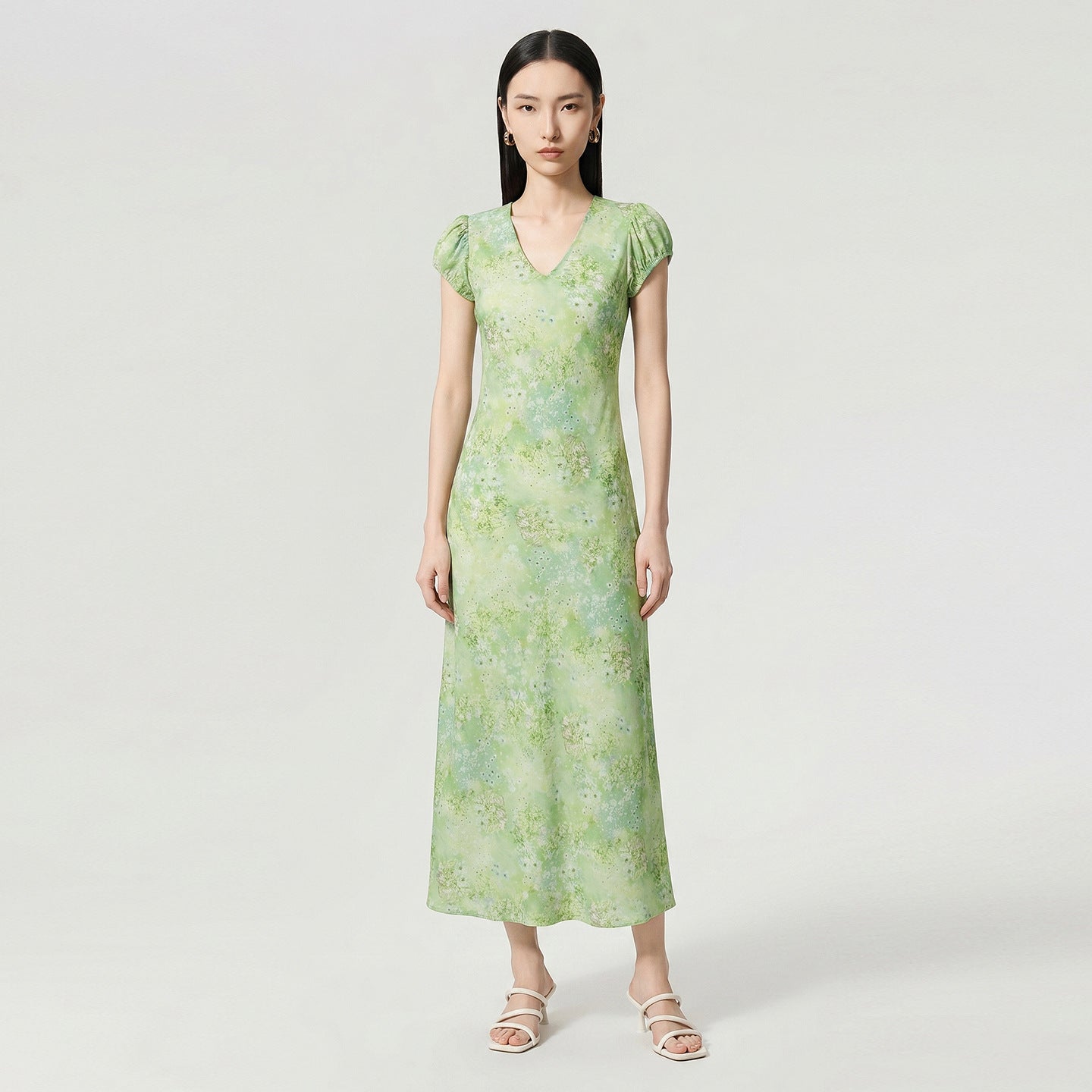 Unique Beautiful Floral Print Maxi Dress Women's Summer Beach Vacation Short Sleeve Fly Sleeve Green Dress Elegant Female Garmen