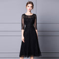 Women Long Dress Summer Wedding Party Lady Luxurious Embroidery Beading 3/4 Sleeve Long Black White Lace Dress