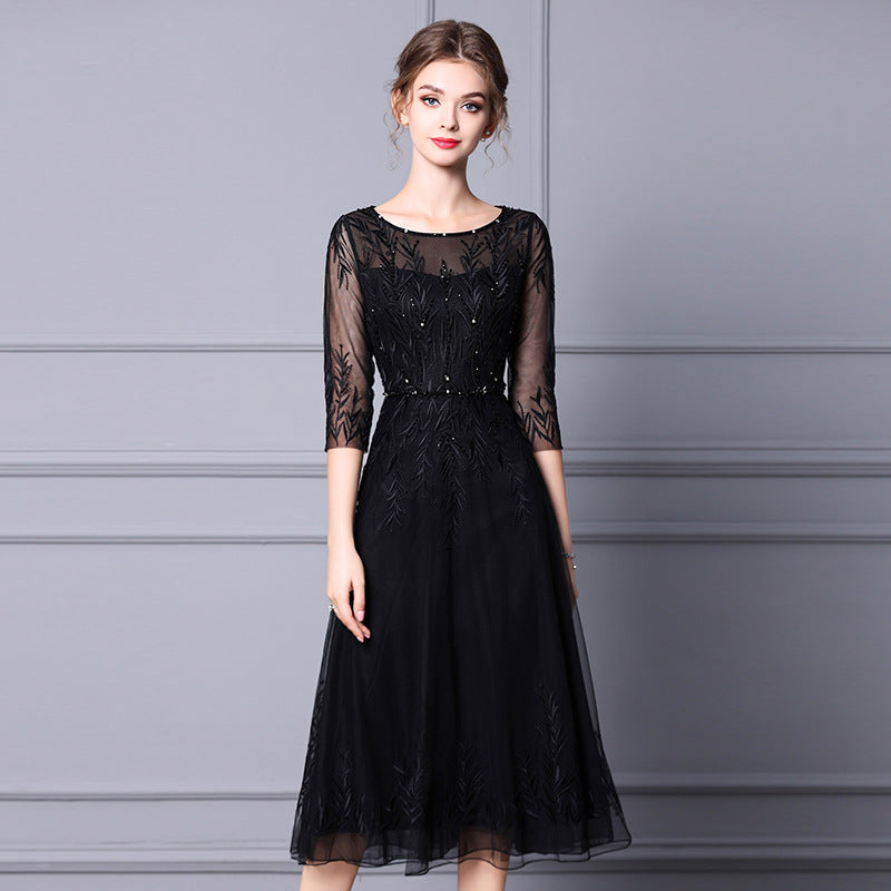 Women Long Dress Summer Wedding Party Lady Luxurious Embroidery Beading 3/4 Sleeve Long Black White Lace Dress