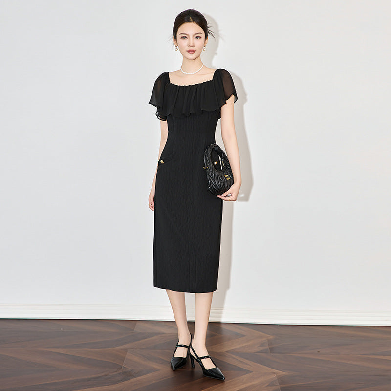 Elegant Black Slim Fit Hepburn Style Dress Sexy Mid-Length Wrap around Skirt Design Summer Women's Fashion High Waist Zipper
