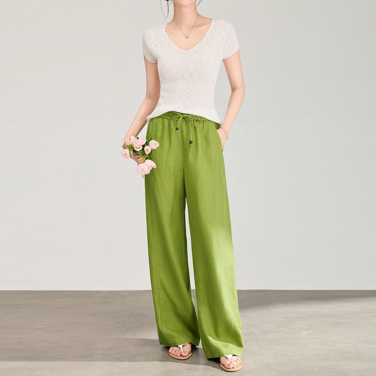 Women's High Waist Belted Slimming Casual Wide Leg Pants Cotton Linen Straight Cut Summer Trousers