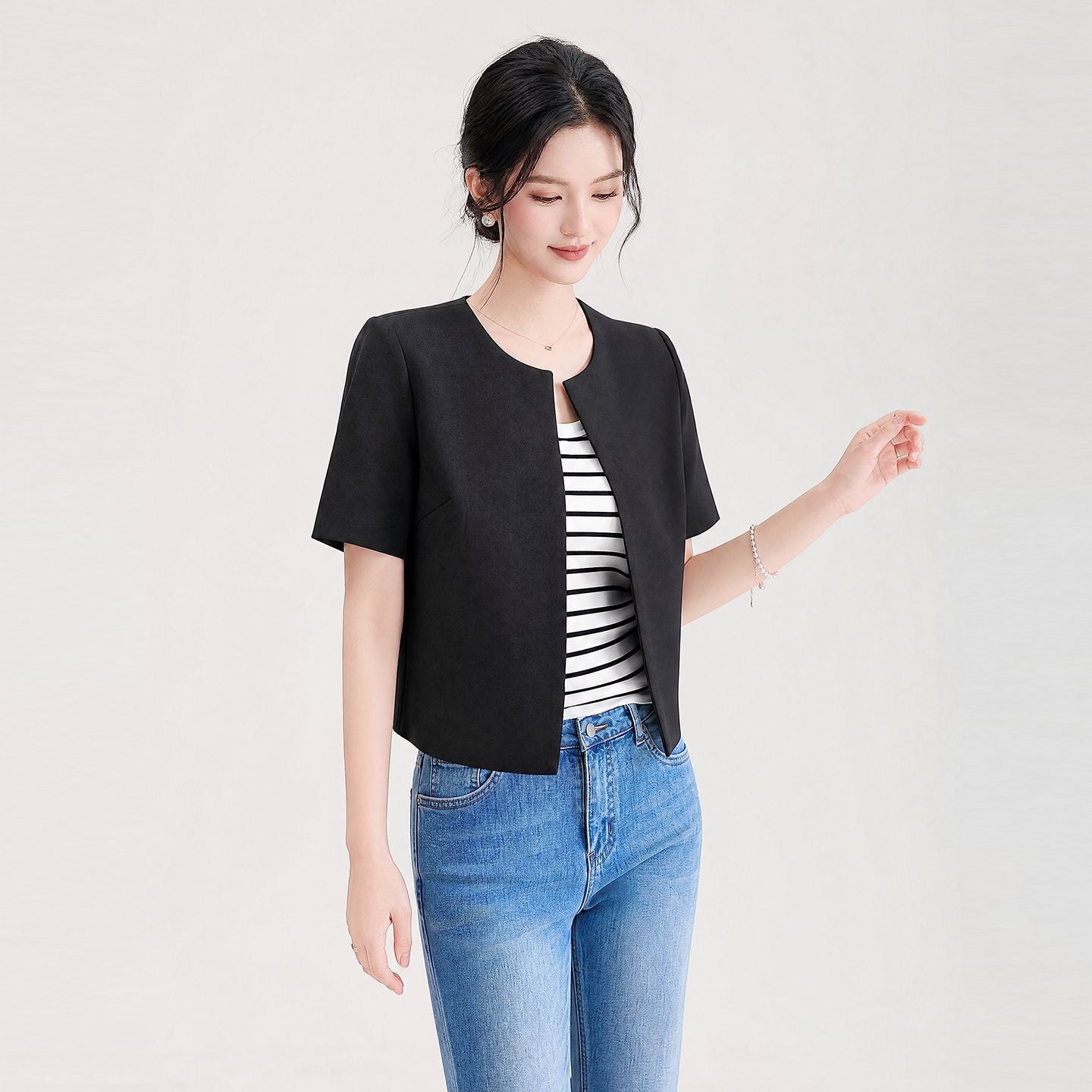 Summer Women's Short Sleeve Slim Fit Acetate Suit Jacket Thin Versatile Simple Design Quality Commute Style Top
