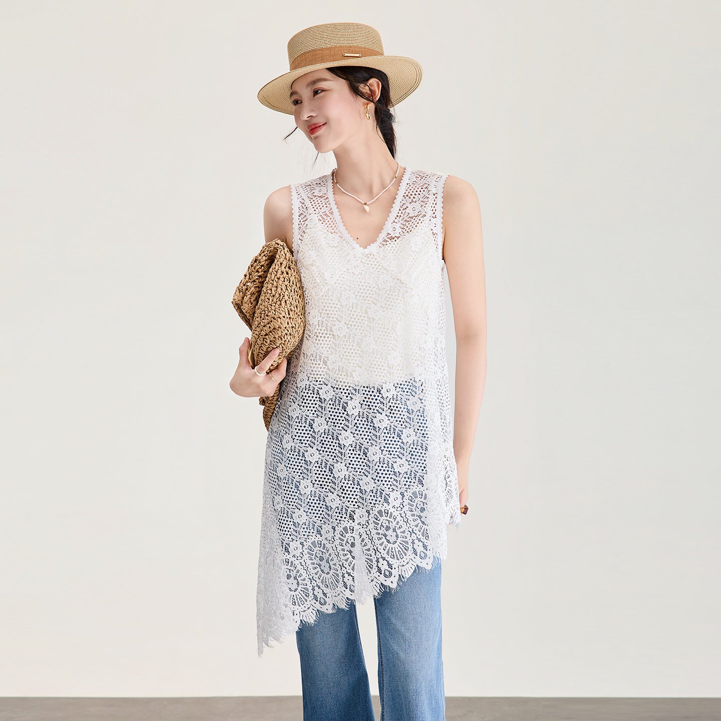 New Lace Trim Cotton Blend Longline Vest Open Back Hook Embellished Sleeveless round Neck Cover up Summer Artistic Retro Style