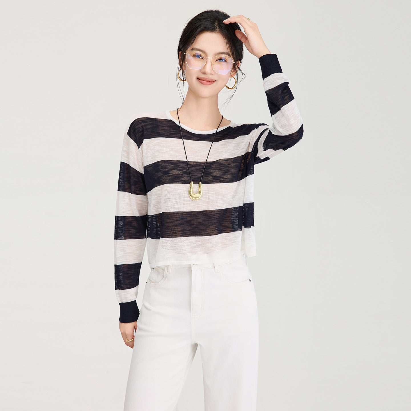 Women Slub Linen Knit T-Shirt Summer New Crew Neck Loose Wide Stripe Long Sleeve Pullover Tops