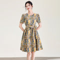 Elegant Embroidered Midi Dress for Middle-Aged And Elderly Women Heavy-Worked Floral Print Polyester Fabric Short Sleeve