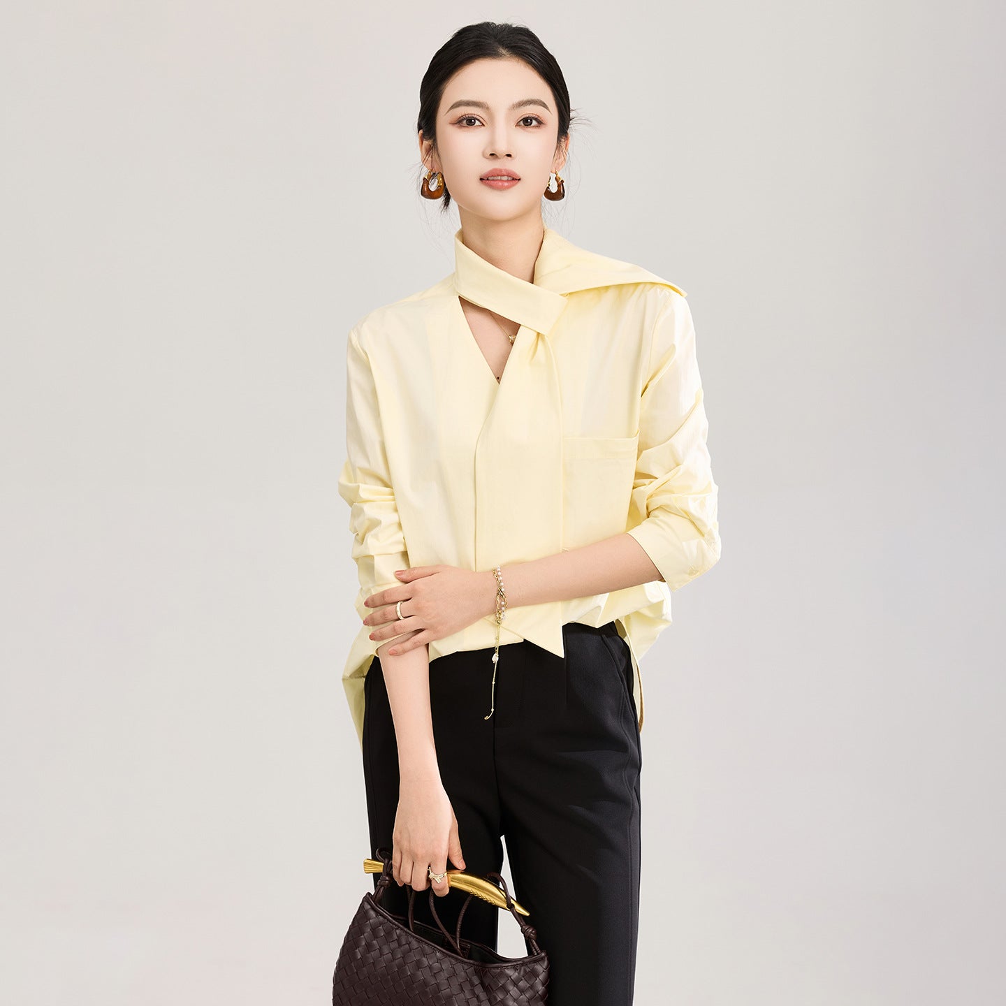 Spring Autumn New Women Shirt Asymmetric V-neck Long Sleeves Single Breasted Ruffled Elegant Blouse Sweet Tide Tops
