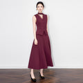 Pear Shape Waist Cinched Dress Long Sleeveless Elegant Style for Autumn High Waist Polyester Fiber V-neck Gown