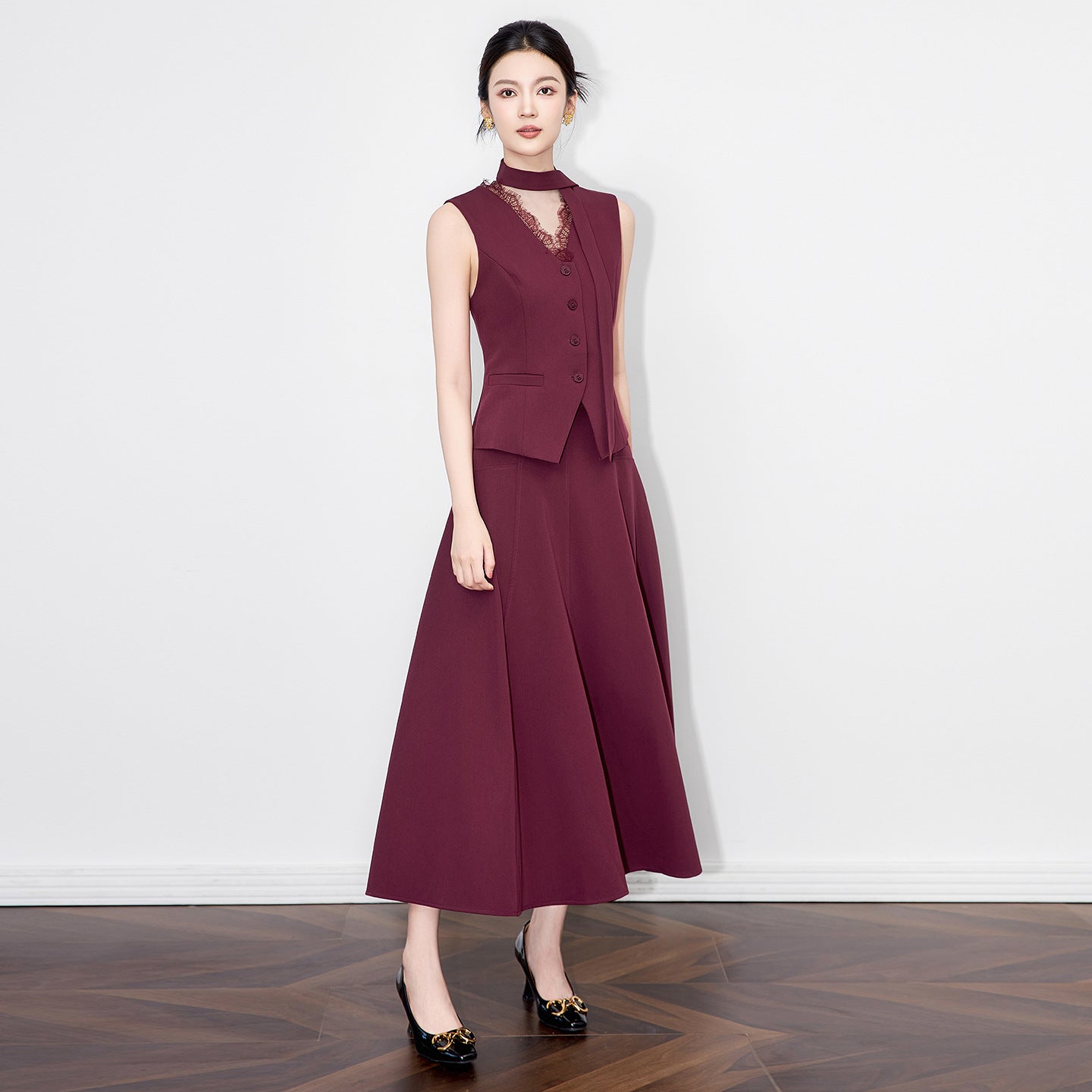 Pear Shape Waist Cinched Dress Long Sleeveless Elegant Style for Autumn High Waist Polyester Fiber V-neck Gown
