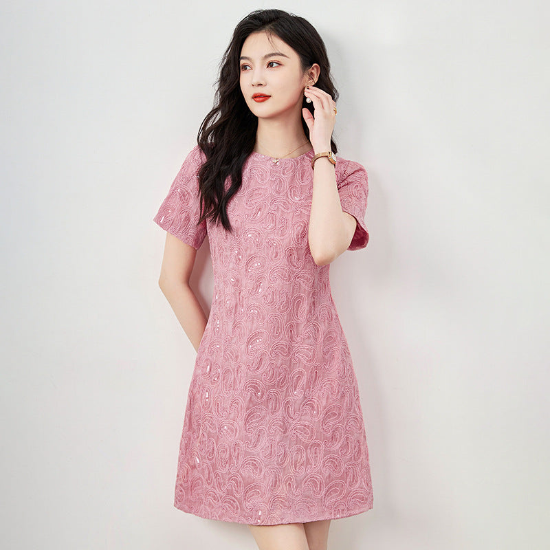 Wedding Guest Dress Women's Summer New Style Reversible Sequin Midi Dress Vintage A-Line Skirt Short Sleeve round Neck Dress