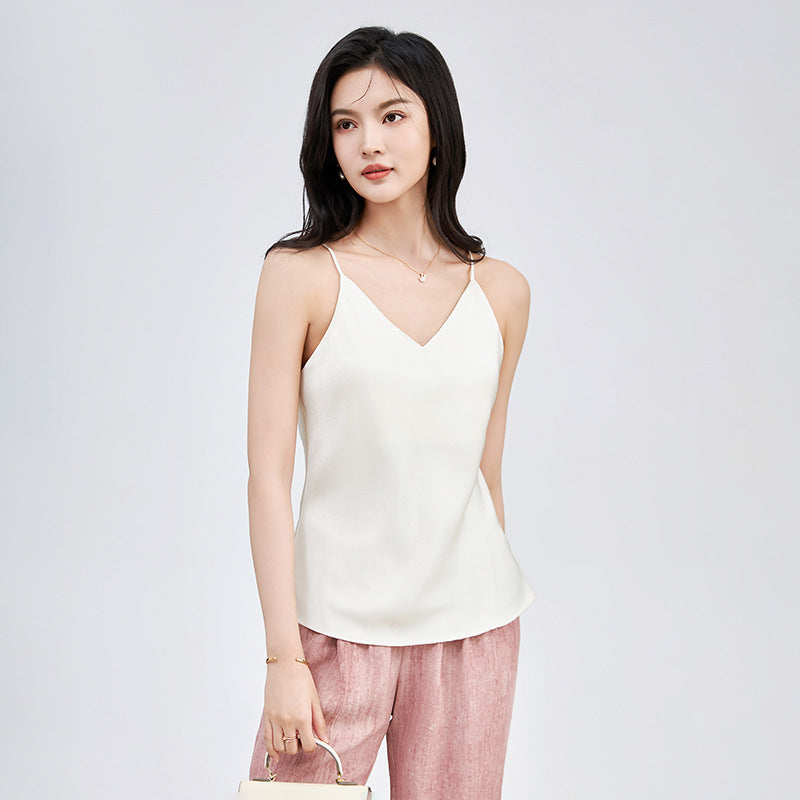 Spaghetti Strap Top Halter V Neck Basic White Cami Sleeveless Satin Silk Women Tank Tops