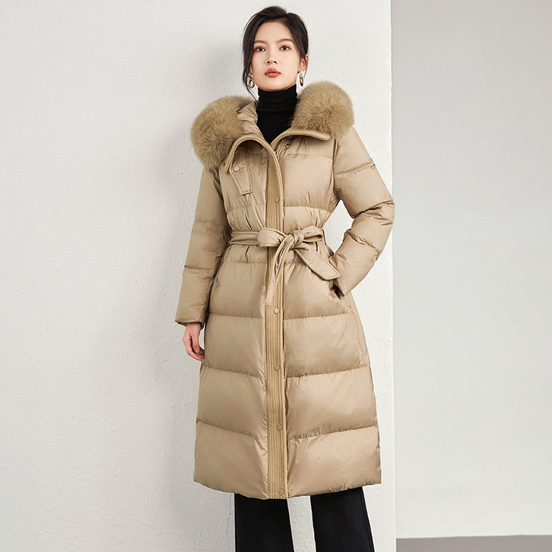 White Duck Down Jacket Women's Winter New High Quality Long Big Fox Fur Collar With Belt Super Plus Size Thick Coat
