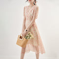 Sweet Floral A- Line Dress High Waist Short Sleeve Midi Skirt Gentle Wind Slimming Elegant Summer New Style V-Neck Puffy Sleeve