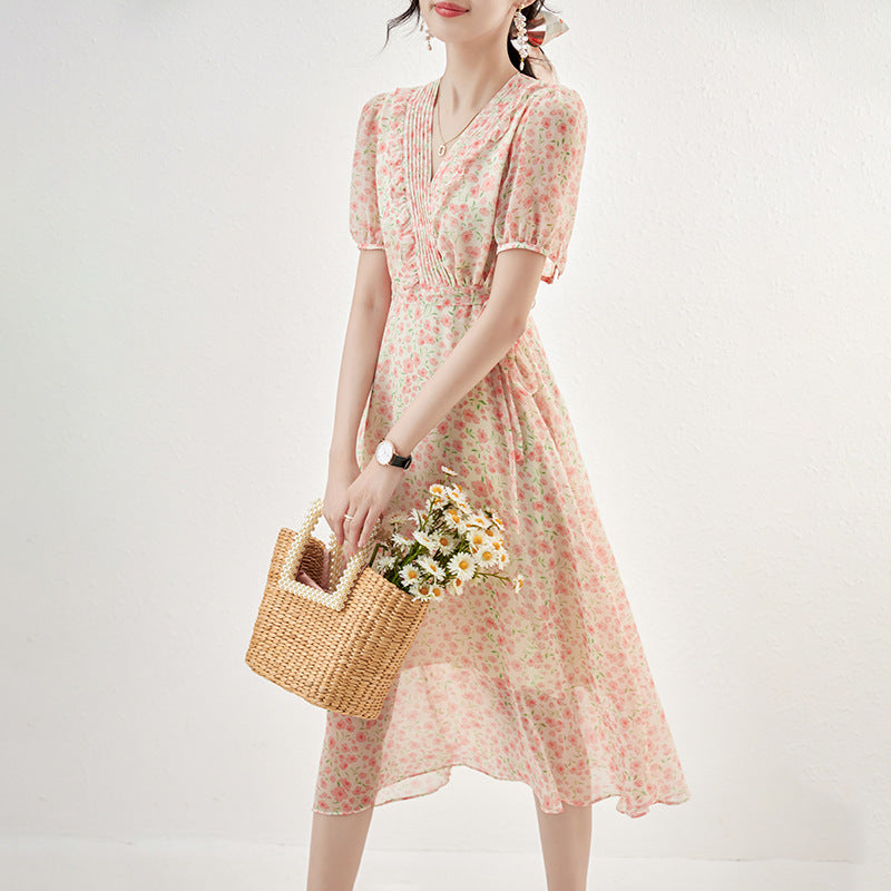 Sweet Floral A- Line Dress High Waist Short Sleeve Midi Skirt Gentle Wind Slimming Elegant Summer New Style V-Neck Puffy Sleeve