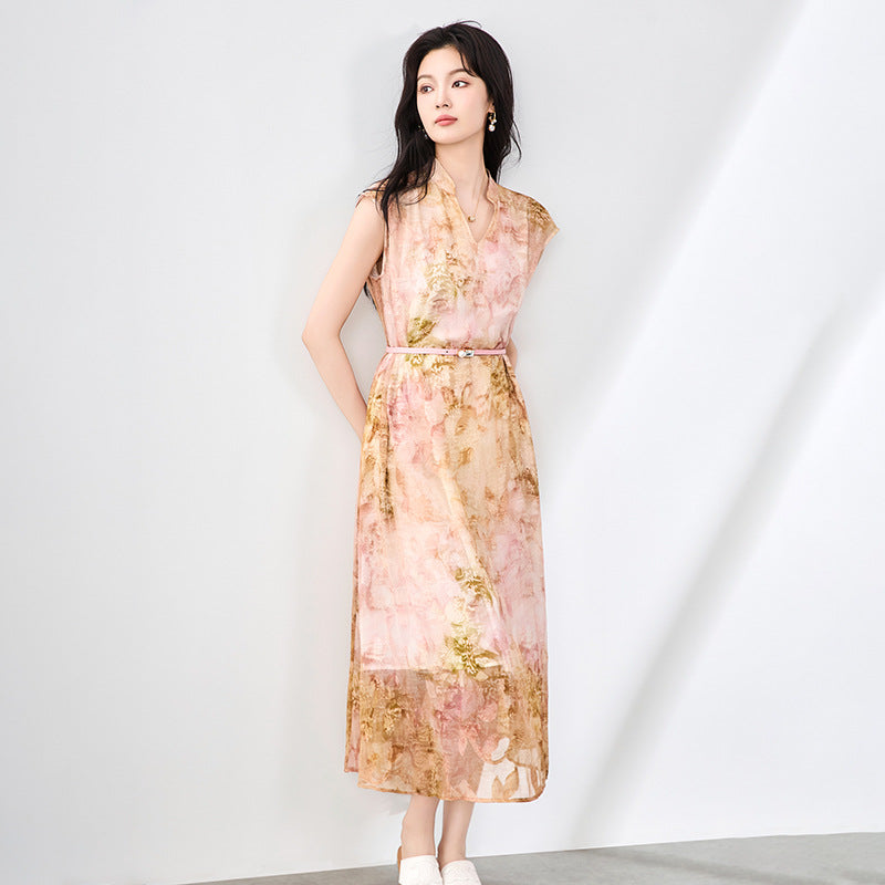 Summer New Women's French V-neck Elegant Vacation Style Waist Strap Dress Printed Long Dress Women