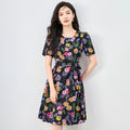 Floral Print Women's Viscose Warp Midi Dress Waist Lace-Up Slim Short Sleeve Holiday Black Robe