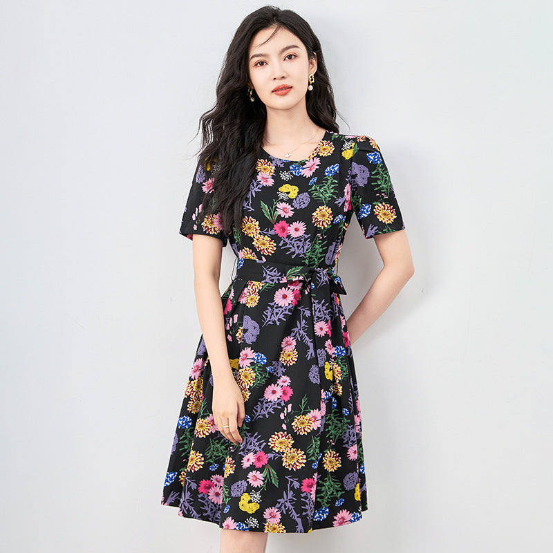 Floral Print Women's Viscose Warp Midi Dress Waist Lace-Up Slim Short Sleeve Holiday Black Robe