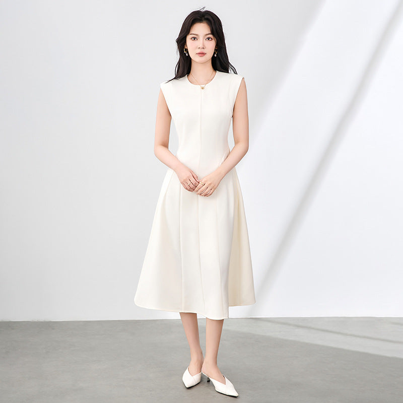 French Sleeveless Vest Dress Midi A-Line Skirt Spring Autumn Style Team Image Pure Color round Neck No Sleeve mid Waist