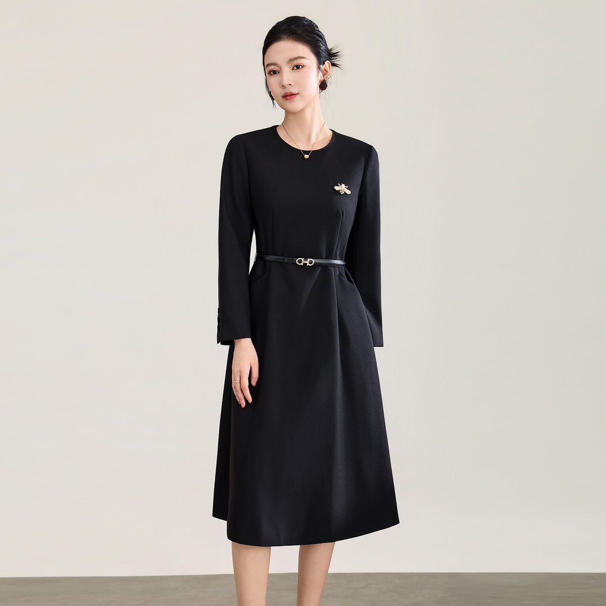 Fashion Spring Autumn Knitting Cotton Black Red Long Dress Long Sleeve Office Lady Dress Women Slim Fit Runway O-neck Robe