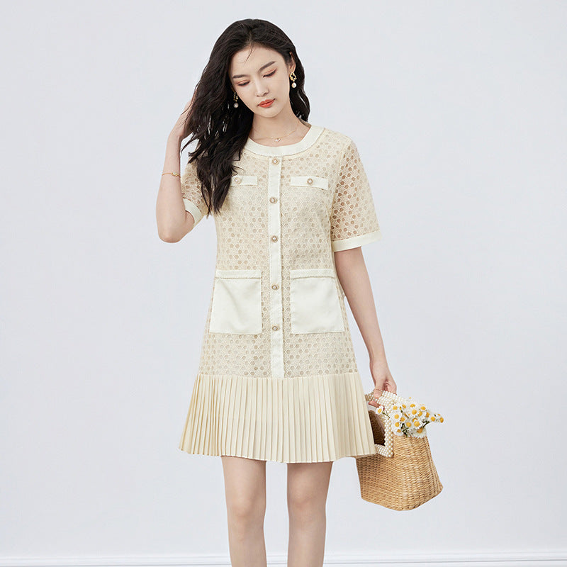 French Style Summer Dress Soluble Floral Lace Splicing Double Gauze Chiffon Pleated Women's Dress round Neck Short Sleeve