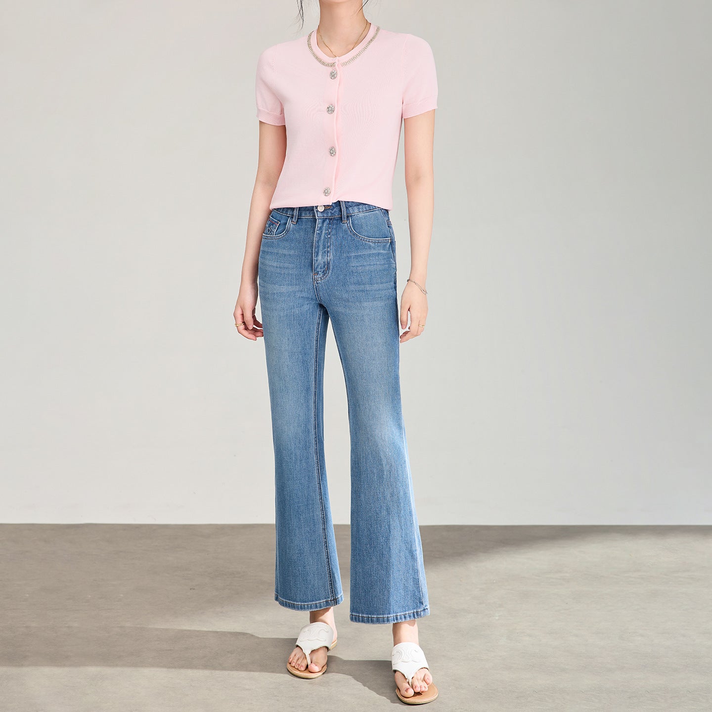 Slimming Elastic Bell Bottom Jeans High Waist Nine-Piece Versatile Spring 2026 Casual Style Comfortable Cotton Polyester Blend