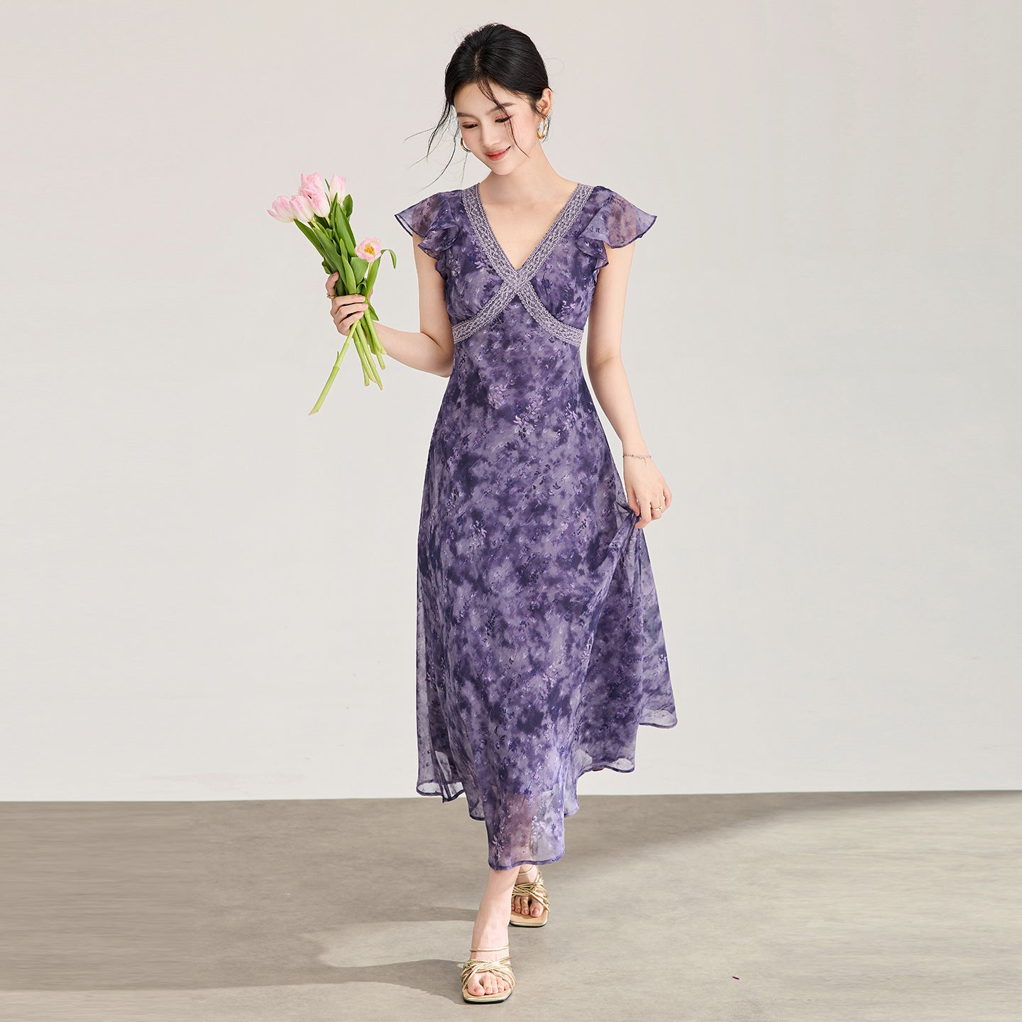 Women's Purple Chiffon Dress Summer New French Elegant Floral Tie V-Neck Ruffle Slim Fit A-Line Casual Dress