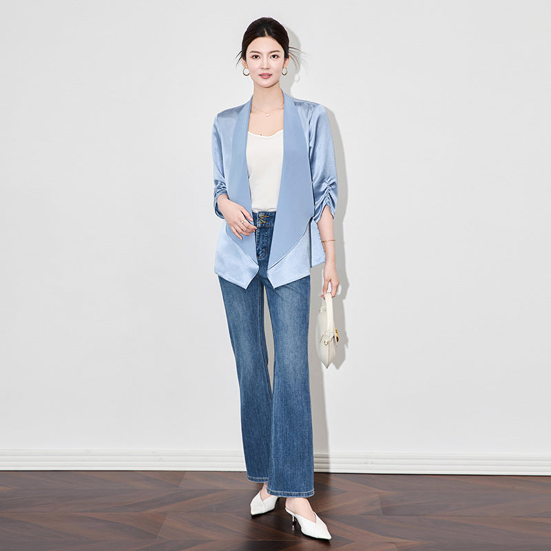 Ladies Spring Fashion Suit Jacket Solid Elegant Casual Slim Formal Business Jacket Commuting Shiny Ladies Versatile Jackets