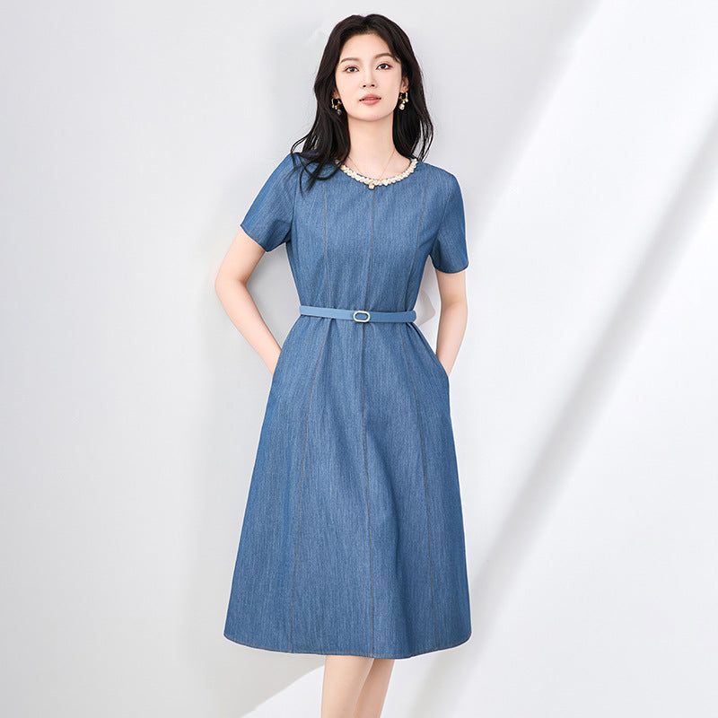 Retro Waist-Defining Denim Maxi Dress Summer Vintage Office Commute Versatile Styling Day-to-Night Transition Dress