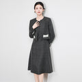 Fashion Lady Elegant Two-piece Set Autumn Winter Beads Long Sleeve Short Jacket Coat + Sleeveless Vests Dress Women Suits