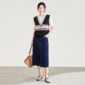 Fake Two Pieces O-neck Short Sleeve Patchwork Thin Knitted Shirt Women Straight Striped Pullover Sweater Summer Female Chic Top