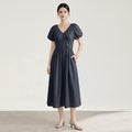 French Style Holiday V-neck Bubble Sleeve Dress Women's Long A-line Knitted Dress Fresh Sweet Style Short Sleeve High Waist